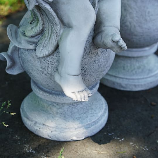 14.75" Ivory Cherub Angels With Violin & Harp Sitting On Finials Outdoor Garden Statues Set